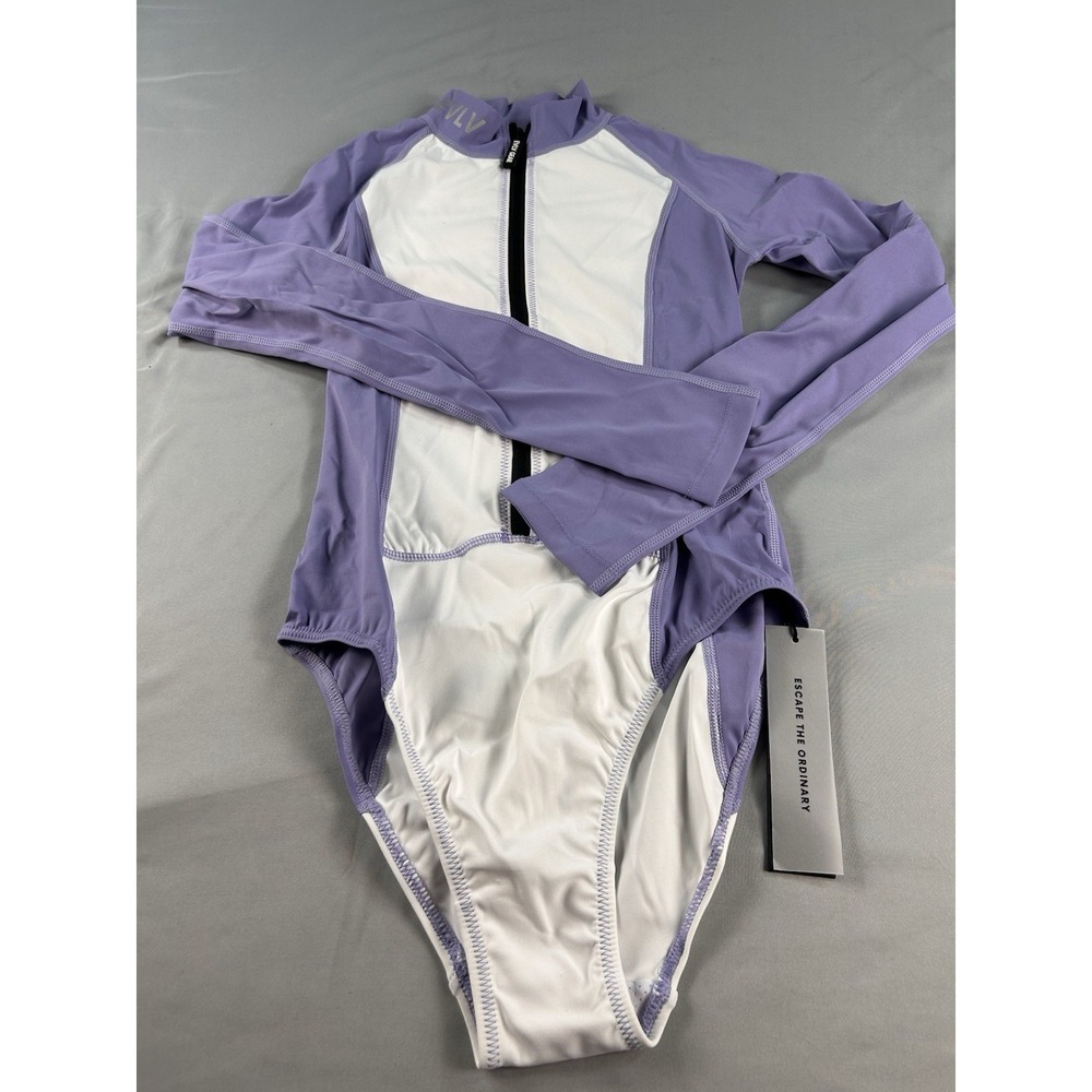 EVLV Womens‎ Long Sleeve Bodysuit Purple White Athletic Zip Front Size Small NWT